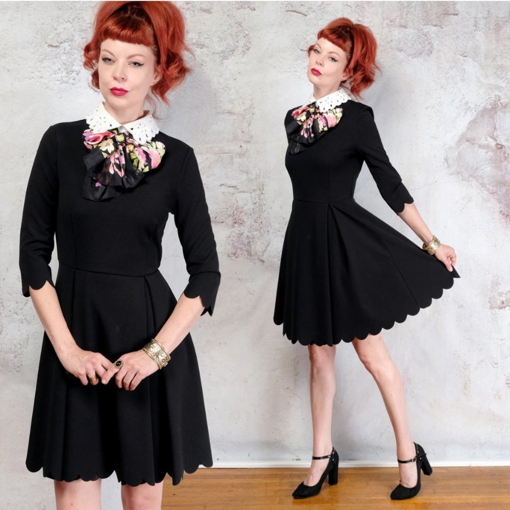 Black scalloped hemmed mini dress white collar